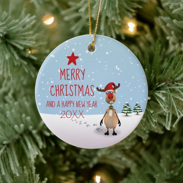 Reindeer Christmas Funny New Year Tree Ceramic Ornament (Tree)