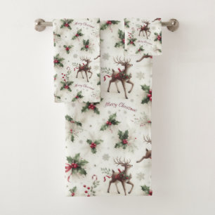 Reindeer, Christmas Holly and Snowflakes Bath Towel Set