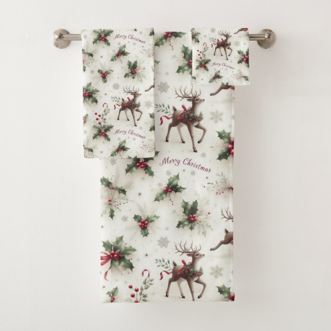 Reindeer, Christmas Holly and Snowflakes Bath Towel Set (Insitu)