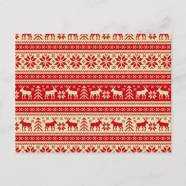 Reindeer Christmas Knitted Pattern Holiday Postcard (Front)