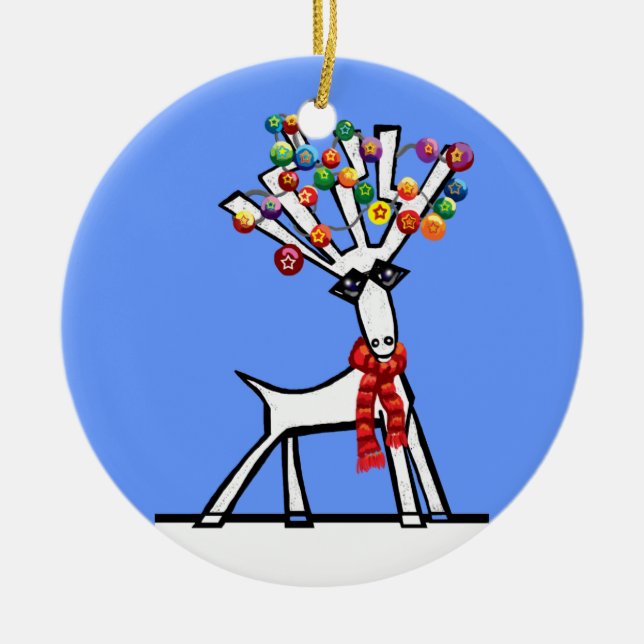 Reindeer Christmas lights Ceramic Ornament (Front)