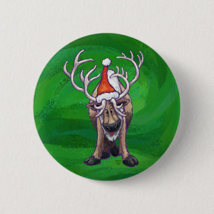 Reindeer Christmas On Green 2 Inch Round Button