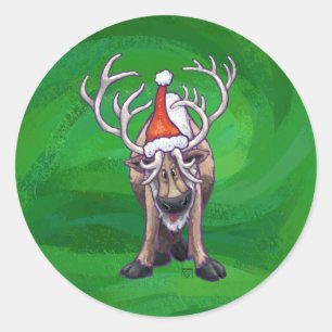 Reindeer Christmas On Green Classic Round Sticker