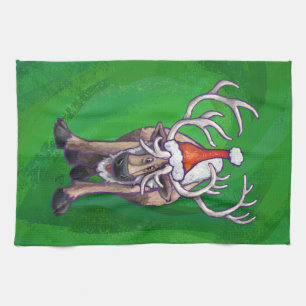 Reindeer Christmas On Green Kitchen Towel