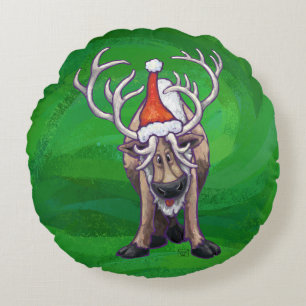 Reindeer Christmas On Green Round Pillow