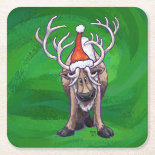 Reindeer Christmas On Green Square Paper Coaster