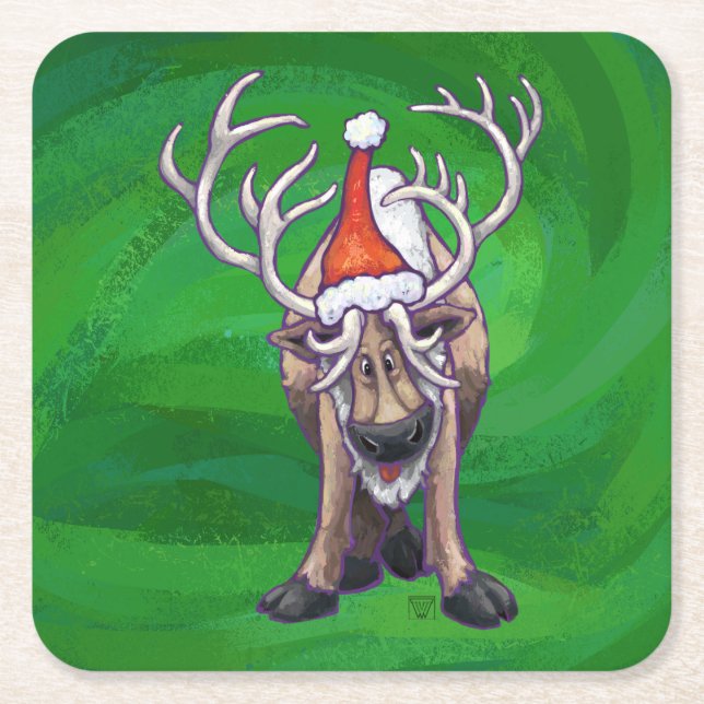 Reindeer Christmas On Green Square Paper Coaster (Front)