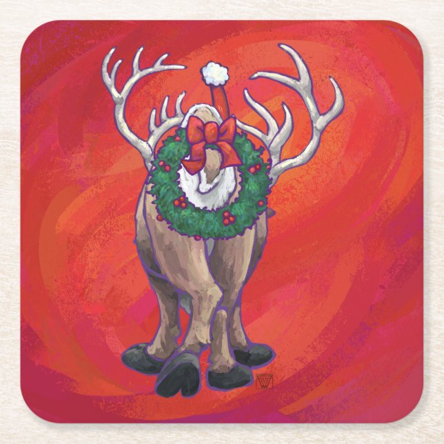 Reindeer Christmas On Green Square Paper Coaster (Front)