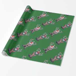Reindeer Christmas On Green Wrapping Paper