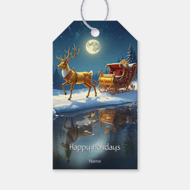 Reindeer Christmas Sleigh Holiday Gift Tag (Front)