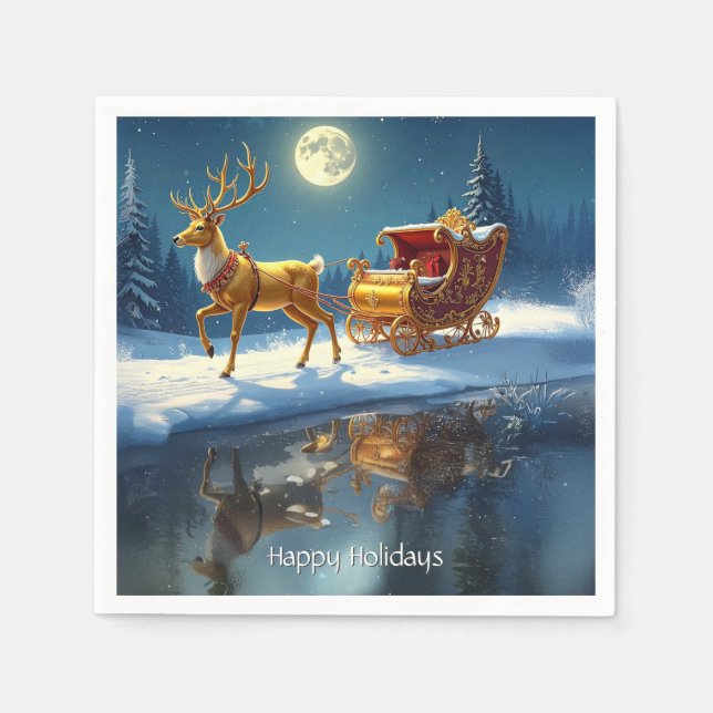 Reindeer Christmas Sleigh Holiday Napkin (Front)
