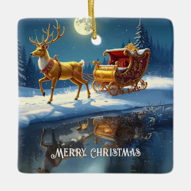 Reindeer Christmas Sleigh Holiday Ornament (Front)