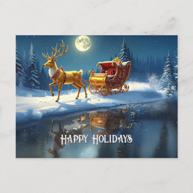 Reindeer Christmas Sleigh Holiday Postcard (Front)