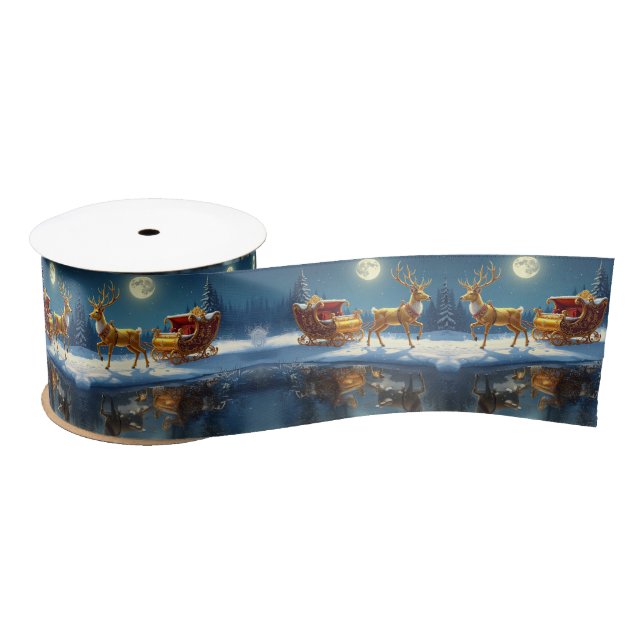 Reindeer Christmas Sleigh Holiday Satin Ribbon (Spool)
