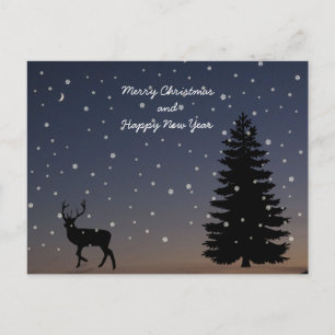 Reindeer, Christmas tree - dark blue winter night Holiday Postcard
