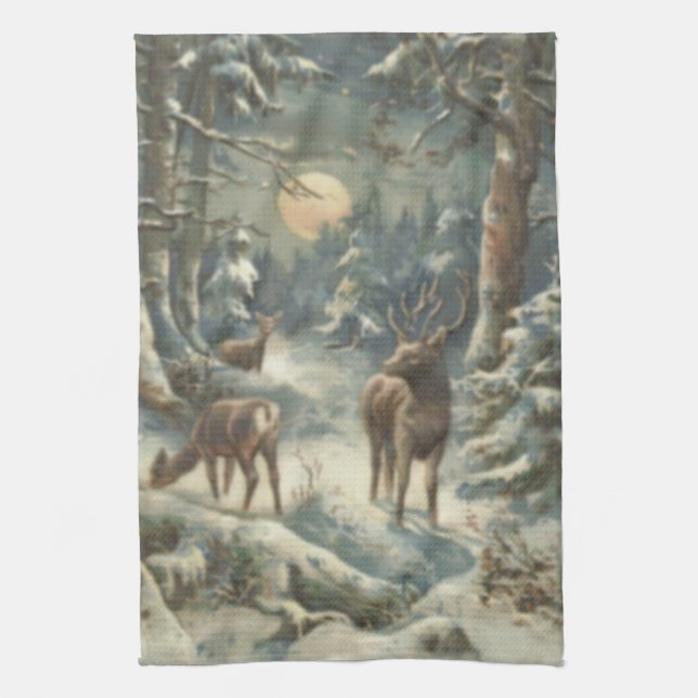 Reindeer Christmas Tree Evergreen Forest Snow Kitchen Towel (Vertical)