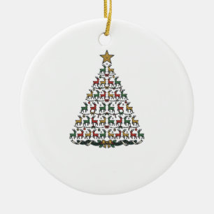 Reindeer Christmas Tree Vintage Engraving Shirt_1 Ceramic Ornament