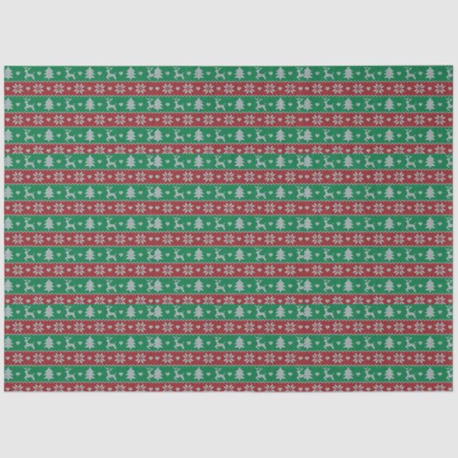 Reindeer Christmas Trees Hearts Green Christmas Tissue Paper (Front)