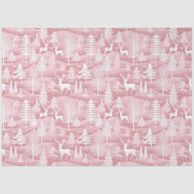 Reindeer Christmas Trees Pink Pattern Christmas Tissue Paper (Front)