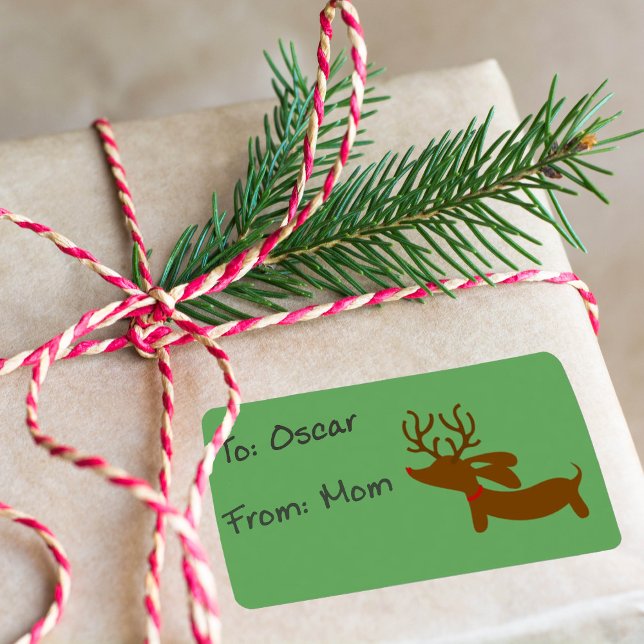 Reindeer Dachshund Holiday Gift Tag Sticky Labels (Dachshund Christmas gift tags - sticky)