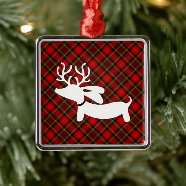 Reindeer Dachshund on red plaid Metal Ornament (Tree)