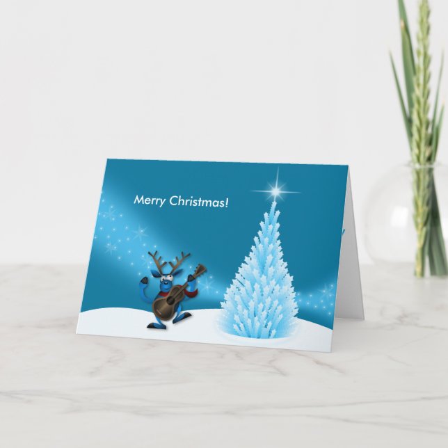 Reindeer Dancing Guitar Merry Christmas Tree Blue Holiday Card (Front)