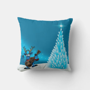 Reindeer Dancing Guitar Merry Christmas Tree Blue Throw Pillow