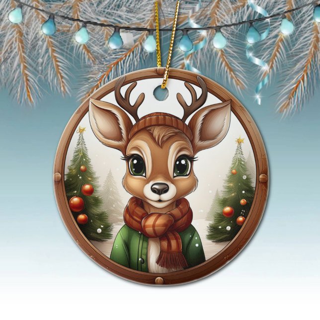 Reindeer, Deer, Antlers, Winter Xmas Scene  🦌🎄 Ceramic Ornament (Cute Reindeer, Deer Antlers, Fawn, Doe Winter Trees Rustic Brown Framed Xmas Scene Ornament 🦌🎄)