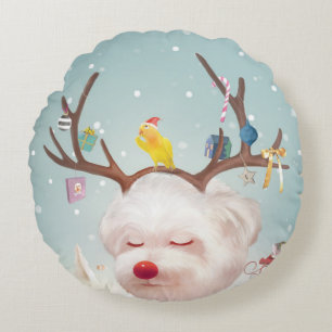 Reindeer Dog with Christmas Ornaments Round Pillow