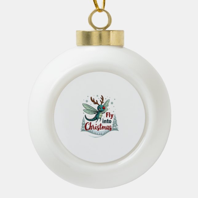 Reindeer Dragonfly Ceramic Ball Christmas Ornament (Front)