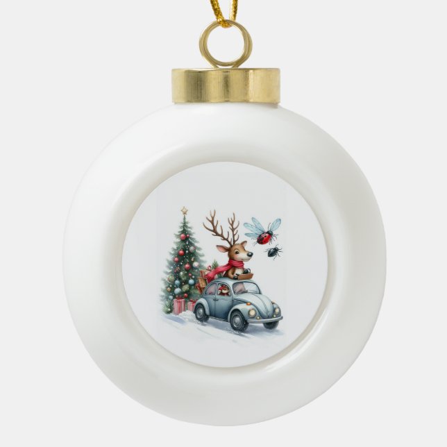 Reindeer driving a beetle with christmas treeb ceramic ball christmas ornament (Front)