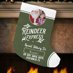 Reindeer Express from Santa Name & Photo Green Large Christmas Stocking<br><div class="desc">Add a special magical touch to your little one's gift from Santa Claus with a custom green and white holiday stocking from reindeer express! This personalized Christmas design also offers the ability to add the name of your kid and a photo,  too.</div>