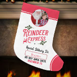 Reindeer Express from Santa Name & Photo Large Christmas Stocking<br><div class="desc">Add a special magical touch to your little one's gift from Santa Claus with a custom red,  green,  and white holiday stocking from reindeer express! This personalized Christmas design also offers the ability to add the name of your kid and a photo,  too.</div>