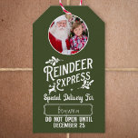 Reindeer Express from Santa Photo Christmas Green Gift Tags<br><div class="desc">Add a special magical touch to your little one's gift from Santa Claus with a custom red and white holiday gift tag from reindeer express! This personalized Christmas design also offers the ability to add the name of your kid and a photo,  too.</div>