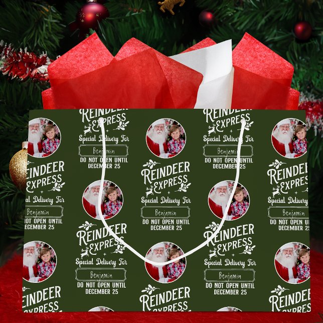 Reindeer Express from Santa, Photo Christmas Green Large Gift Bag (Creator Uploaded)