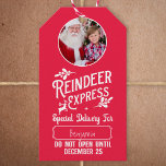 Reindeer Express from Santa w/ Photo Christmas Red Gift Tags<br><div class="desc">Add a special magical touch to your little one's gift from Santa Claus with a custom red and white holiday gift tag from reindeer express! This personalized Christmas design also offers the ability to add the name of your kid and a photo,  too.</div>