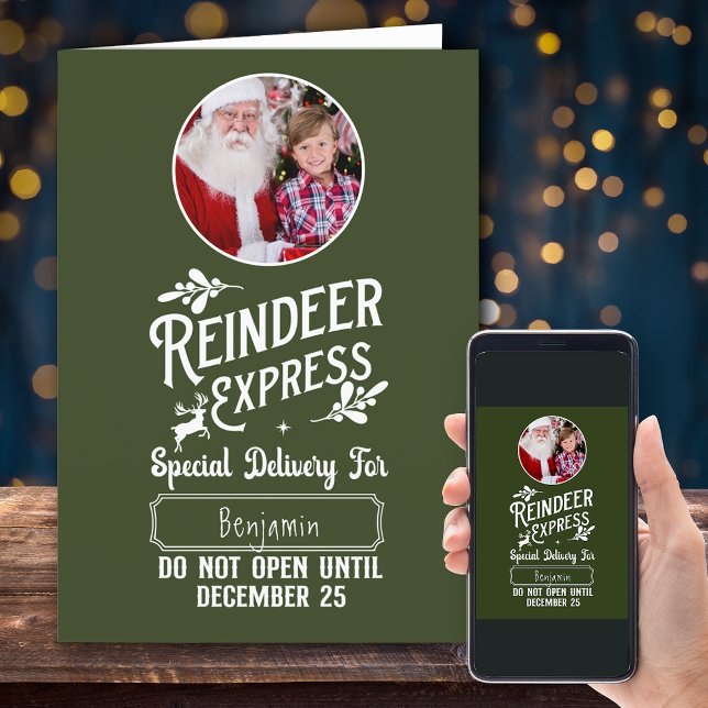 Reindeer Express Kid Name & Photo Christmas Holiday Card (Creator Uploaded)