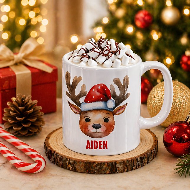 Reindeer Face Personalized Kids Mug (Cozy Christmas mug for hot chocolate)
