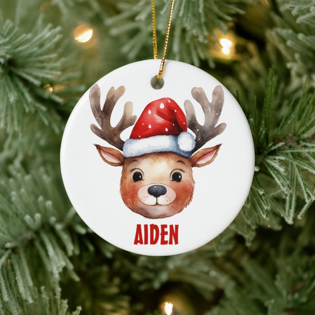 Reindeer Face Personalized Kids Mug Ceramic Ornament (Tree)
