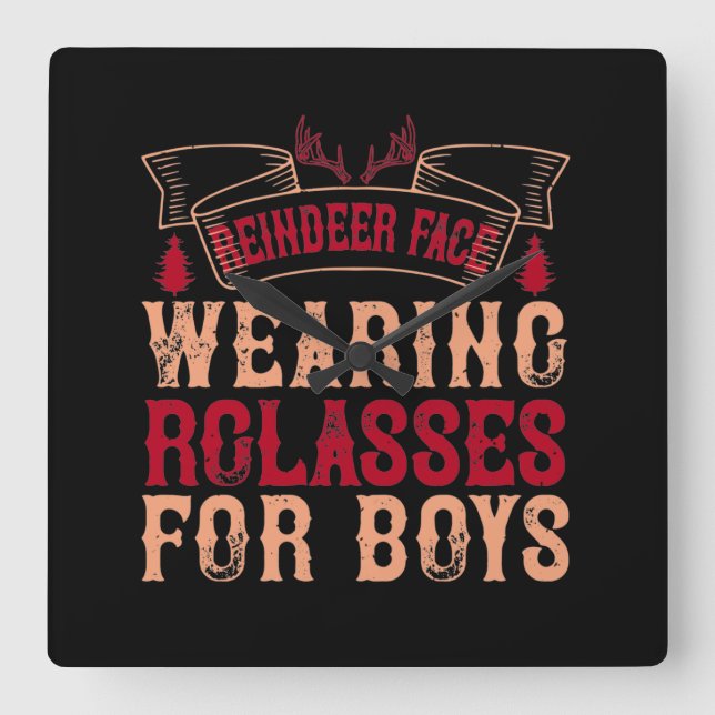 Reindeer Face, Wearing Glasses For Boys Square Wall Clock (Front)