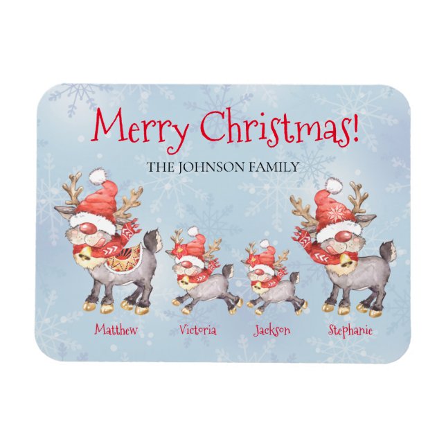 Reindeer Family Personalized Merry Christmas Card Magnet (Horizontal)