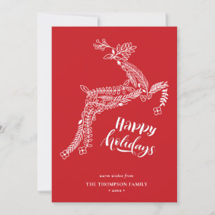Reindeer Floral Poinsettia Pine Bough Red Happy Holiday Card