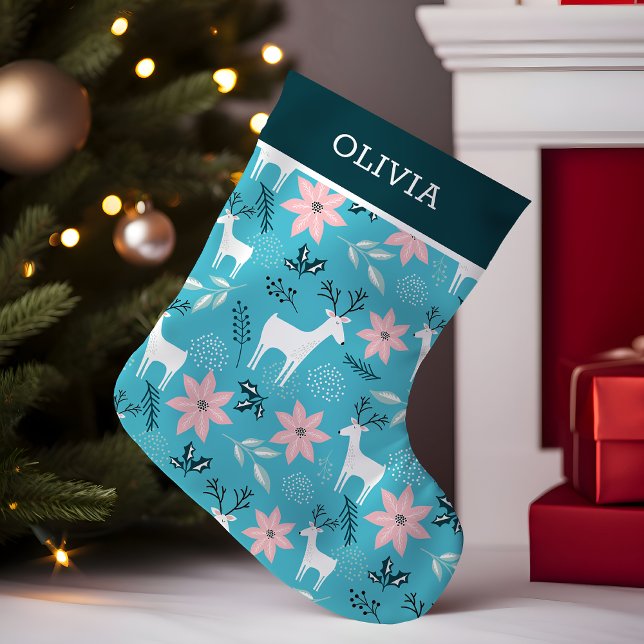 Reindeer Floral Poinsettia Whimsical Personalized Small Christmas Stocking (Creator Uploaded)