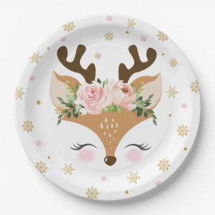 Reindeer Floral Snowflakes Christmas Birthday Paper Plate