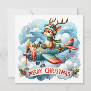 Reindeer Flying Airplane Christmas Greeting Card