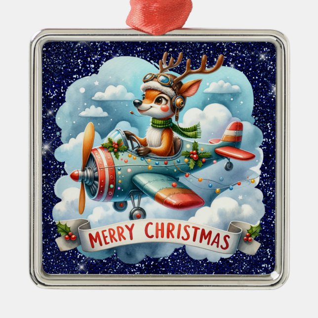 Reindeer Flying Airplane Ornament (Front)