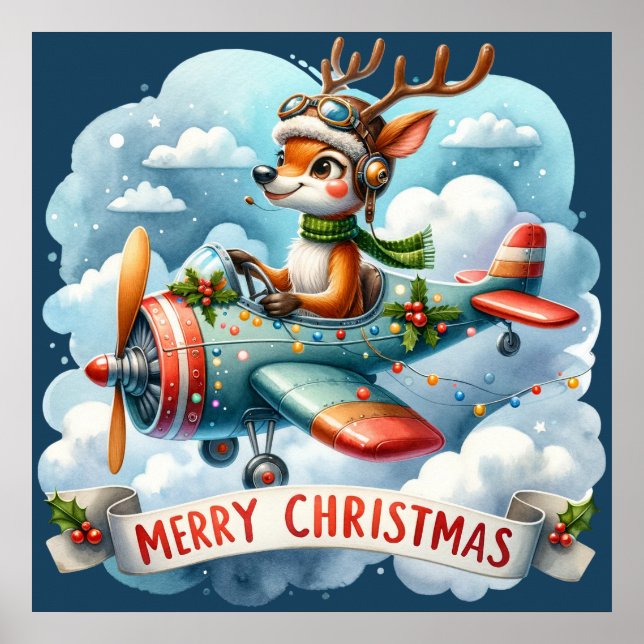 Reindeer Flying Airplane Poster (Front)