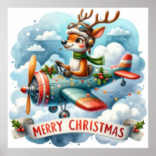 Reindeer Flying Airplane Poster