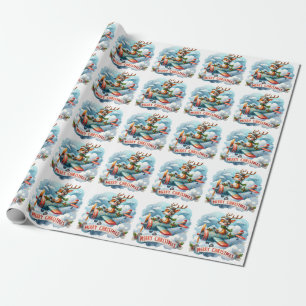 Reindeer Flying Airplane Wrapping Paper