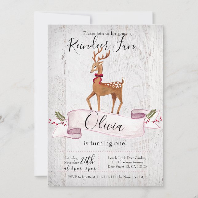 Reindeer Fun first birthday invitation (Front)